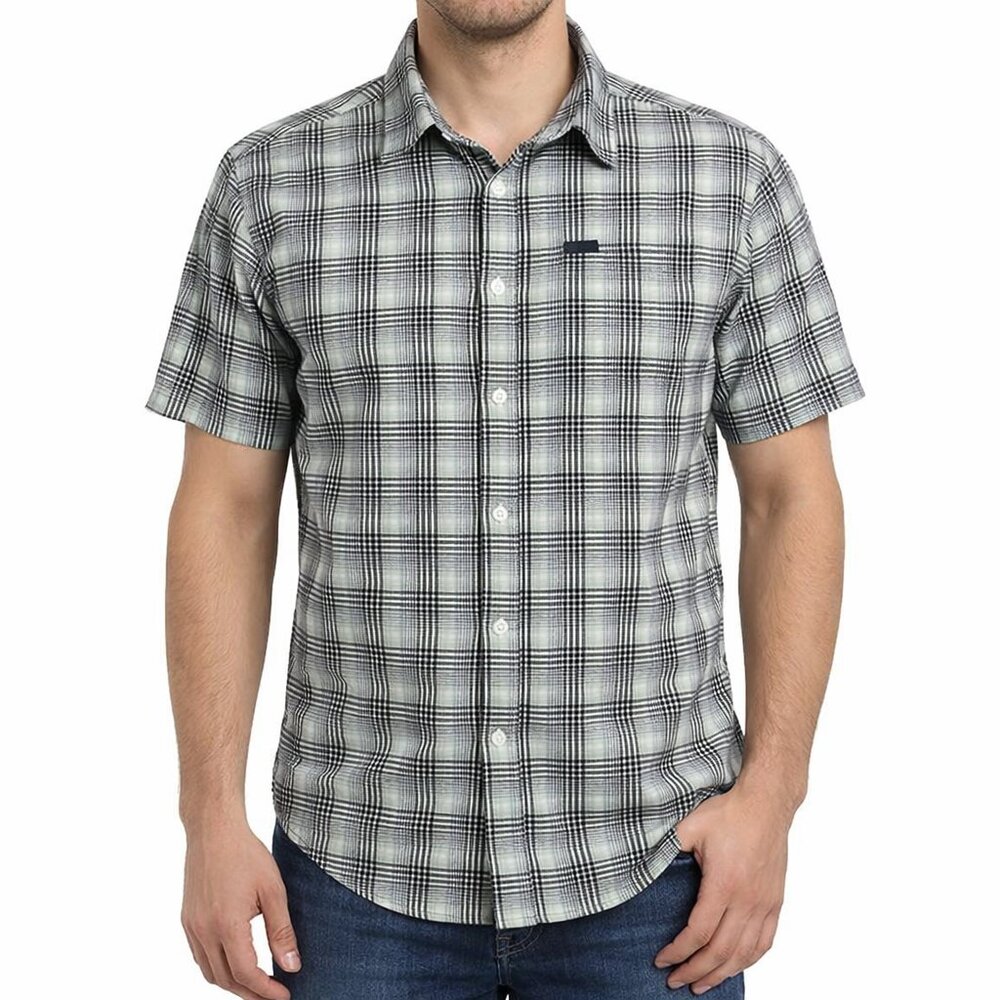 100% Cotton Columbia Men's Black and Mint Checkered Shirt Size M